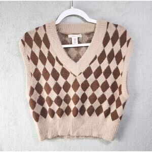 SINCERELY JULES Sweater Vest Argyle V-Neck Cropped Sweater Womes Size Medium